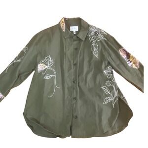 Jessica Simpson shirt Green Embroidered Floral Utility M boho cottagecore